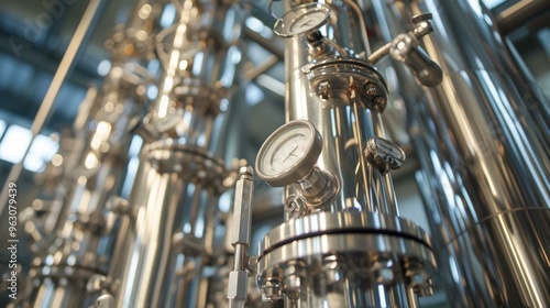Close-up of Industrial Pipes and Gauges in a Factory Setting