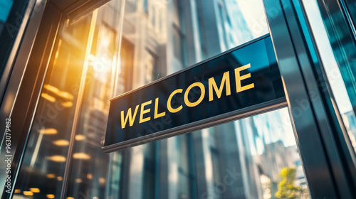 A sleek "Welcome" sign outside a modern glass office building, with reflections of the sky and trees, illuminated by warm sunlight. 