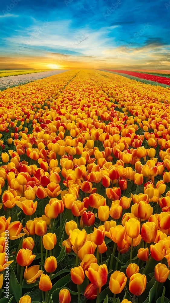 Fototapeta premium Top view of spring tulips on colorful yellow background, panoramic shot