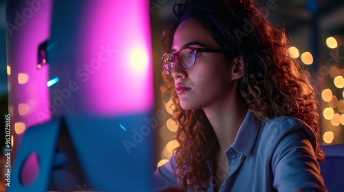 Wallpaper Mural Focused Woman Working on Computer at Night Torontodigital.ca