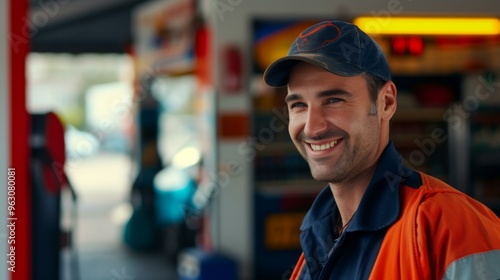 Smiling Man in Uniform at Gas Station - Friendly Service