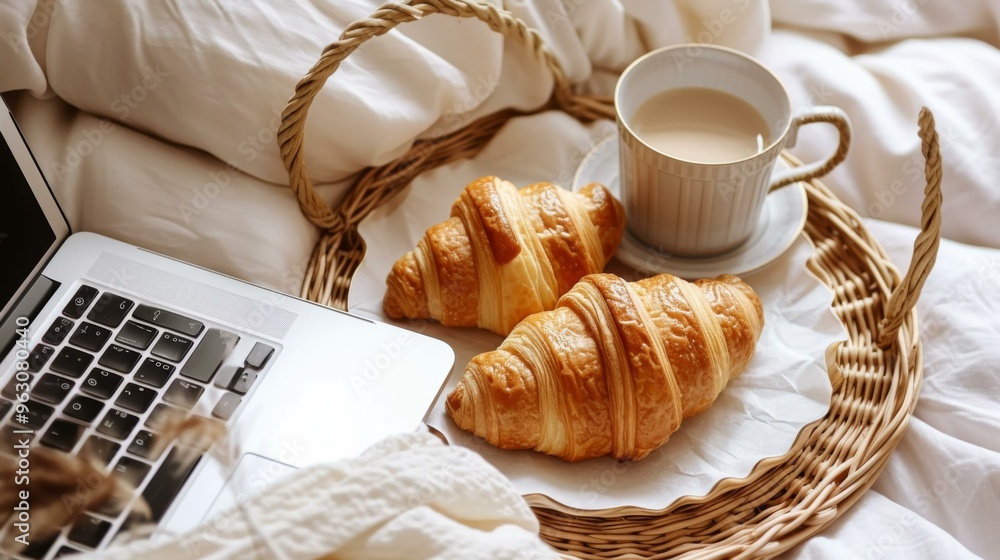 Cozy Breakfast in Bed with Coffee and Croissants Cozy Breakfast in Bed with Coffee and Croissants