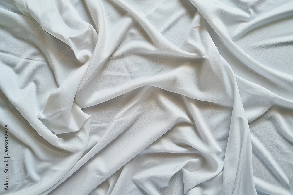 Close-up of white fabric possibly sheet or curtain with slight sheen and wrinkles. Fabric texture smooth and slightly crinkled. No texts or objects visible in blurred background. Close-up of white fabric possibly sheet or curtain with slight sheen and wrinkles. Fabric texture smooth and slightly crinkled. No texts or objects visible in blurred background.