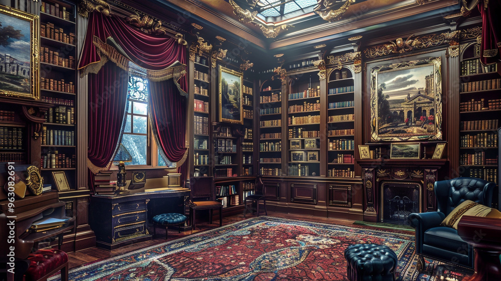 Fototapeta premium an image of a library in a Victorian mansion with velvet drapes and oil paintings