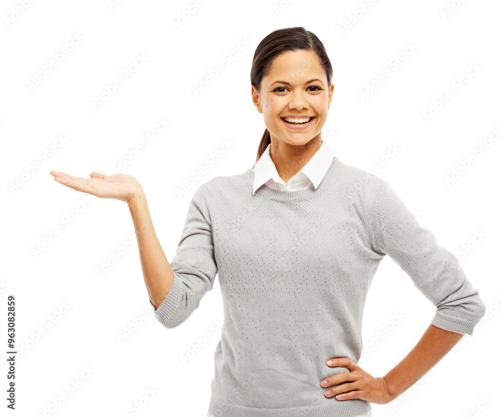 Woman, studio and happy with hand for mockup space on portrait for promotion or offer on white background. Female person, employee and smile with confidence for advertise, marketing instructions and Woman, studio and happy with hand for mockup space on portrait for promotion or offer on white background. Female person, employee and smile with confidence for advertise, marketing instructions and