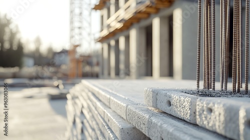 close-up of modern construction materials like insulated concrete forms and steel rebar stacked neatly on a clean, bright construction site