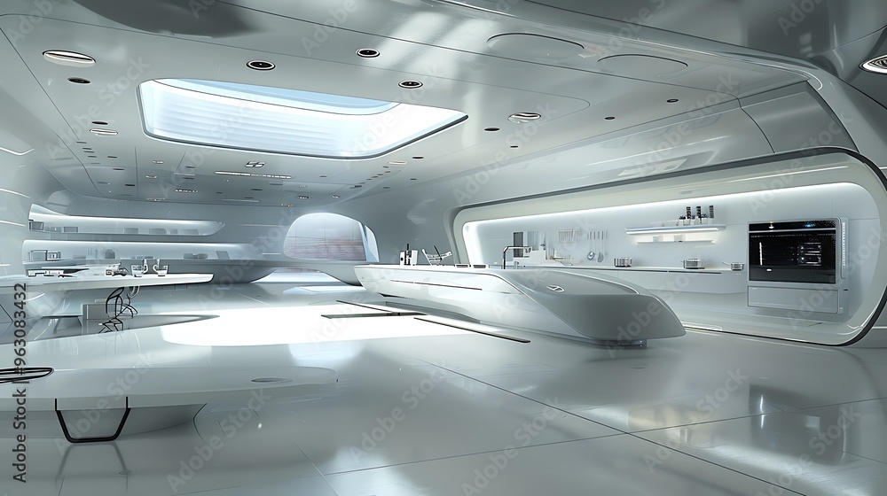 Futuristic kitchen with smart appliances, sleek surfaces, and space-age design. Futuristic kitchen with smart appliances, sleek surfaces, and space-age design.