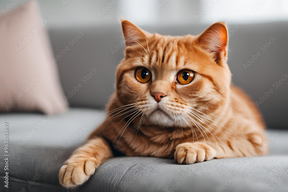 Cozy Charm: Red Scottish Fold with Orange Eyes Relaxing on a Grey Sofa Cozy Charm: Red Scottish Fold with Orange Eyes Relaxing on a Grey Sofa