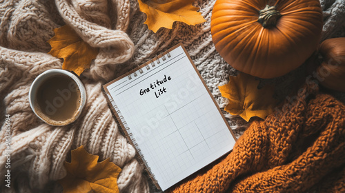 Cozy fall scene with a gratitude list notepad, pumpkin, and knitted scarf on a textured background photo