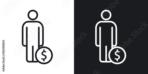 Man with debt icon in black and white stroke