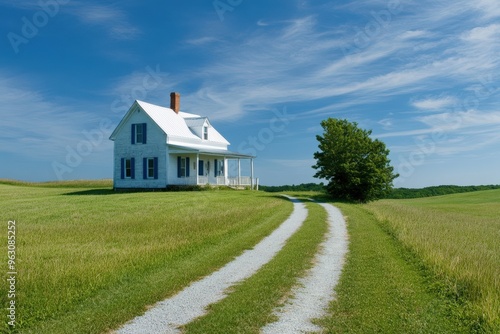 Country Farmhouse: Path Through Fields to Charming Blue and White Home in Rural Setting