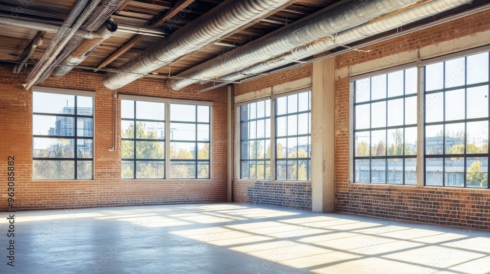 Empty Industrial Space with Brick Walls and Large Windows Empty Industrial Space with Brick Walls and Large Windows