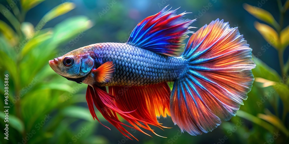 In a vibrant aquarium, a majestic veiltail betta fish cascades forth, its elongated flowing fins dancing in harmony In a vibrant aquarium, a majestic veiltail betta fish cascades forth, its elongated flowing fins dancing in harmony