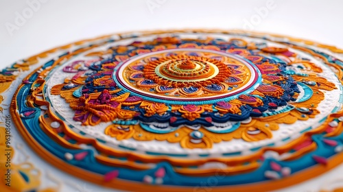 37. "The Buddhist Sand Mandala in 3D, rendered with vibrant colors and intricate patterns, set against a clean white backdrop.