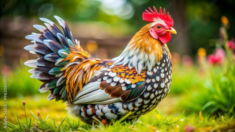 Fototapeta premium In the heart of a lush paddock, an Appenzeller Spitzhauben chicken's distinctive crest shines brightly, surrounded by a