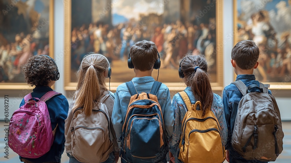 Children exploring art museum with headphones Children exploring art museum with headphones