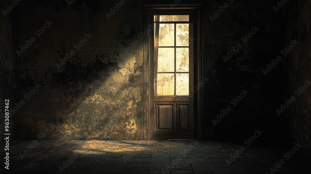 Light shines through a window in a dark, abandoned room with peeling paint and a wooden door. Light shines through a window in a dark, abandoned room with peeling paint and a wooden door.