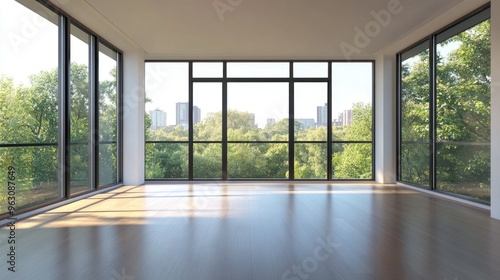 Empty Room with Large Windows Offering a View of Trees and Buildings