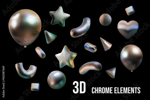 Balloon 3d chrome figure vector. y2k style, star and elements for design congratulations, poster.