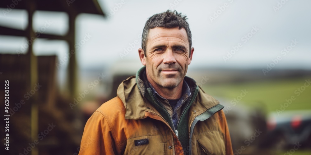 A portrait of a male farmer in overalls stands near his farm. Generative AI. A portrait of a male farmer in overalls stands near his farm. Generative AI.