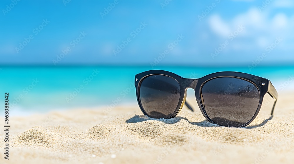 Black sunglasses on sandy beach, ocean background, clear blue sky, summer vacation, close-up, shallow depth of field, soft focus, warm tones, tranquil atmosphere, travel concept. Black sunglasses on sandy beach, ocean background, clear blue sky, summer vacation, close-up, shallow depth of field, soft focus, warm tones, tranquil atmosphere, travel concept.