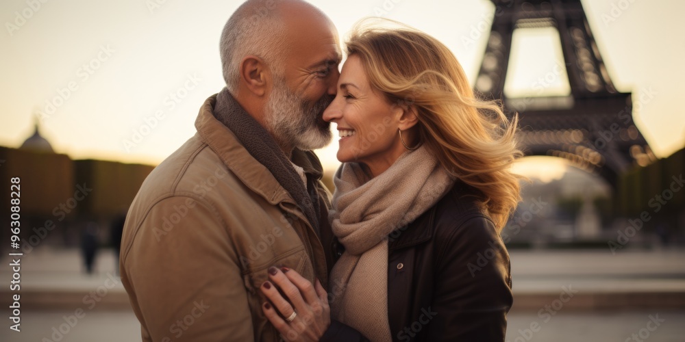 Happy seniors couple on travel holiday in Paris with the Eiffel tower in the background. Generative AI. Happy seniors couple on travel holiday in Paris with the Eiffel tower in the background. Generative AI.