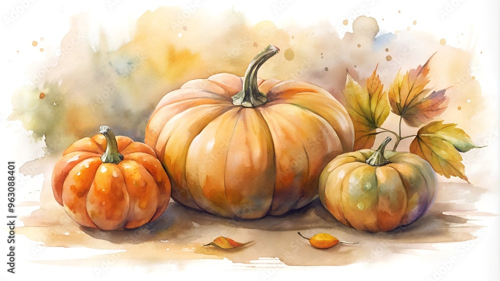 Pumpkins in a watercolor style with autumn leaves on a soft, light background. Pumpkins in a watercolor style with autumn leaves on a soft, light background.