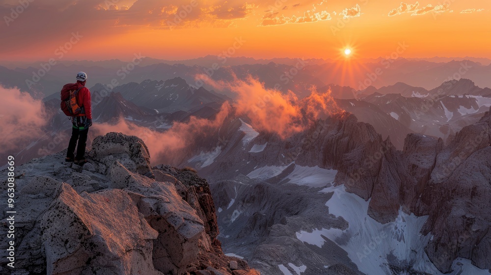 A thrilled hiker reaching the summit, capturing the moment with a breathtaking sunrise A thrilled hiker reaching the summit, capturing the moment with a breathtaking sunrise