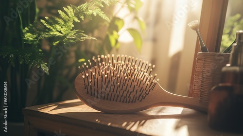 Wooden hairbrush on a wooden table with a plant and a wicker basket in the background.