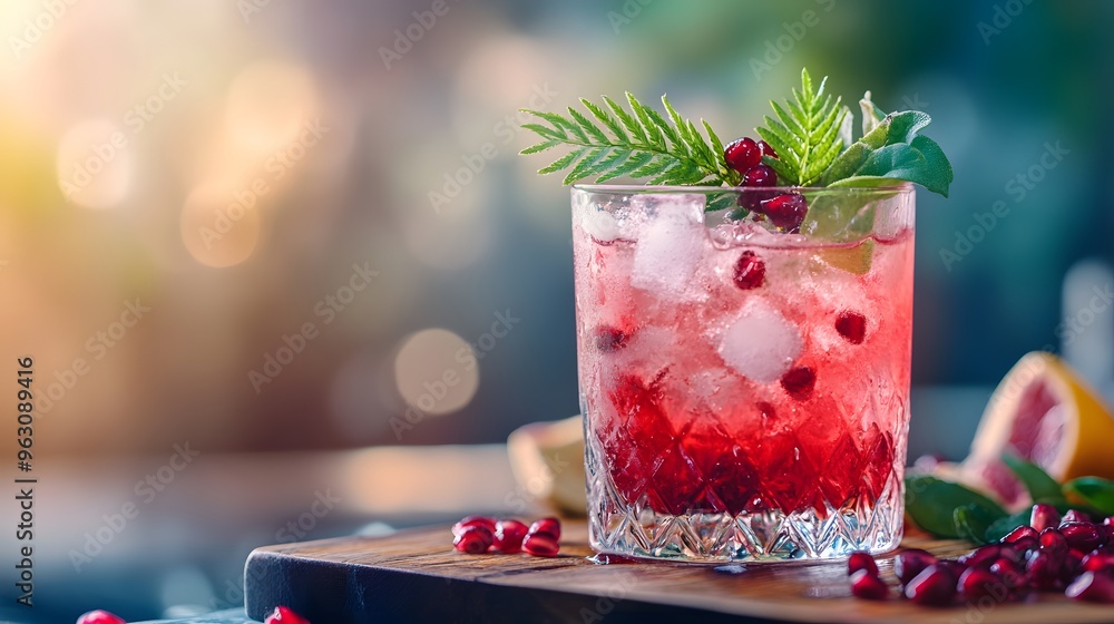 Bright pink cocktail, clear glass, ice cubes, green fern garnish, wooden serving board, pomegranate seeds, soft focus background, vibrant colors, refreshing beverage, artisanal drink. Bright pink cocktail, clear glass, ice cubes, green fern garnish, wooden serving board, pomegranate seeds, soft focus background, vibrant colors, refreshing beverage, artisanal drink.