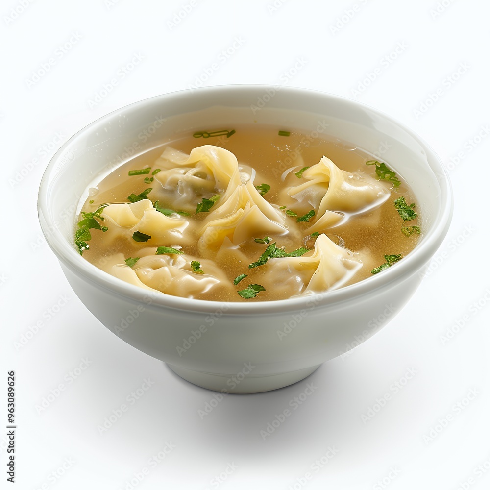A bowl of wonton soup with broth, dumplings, and green onions. A bowl of wonton soup with broth, dumplings, and green onions.