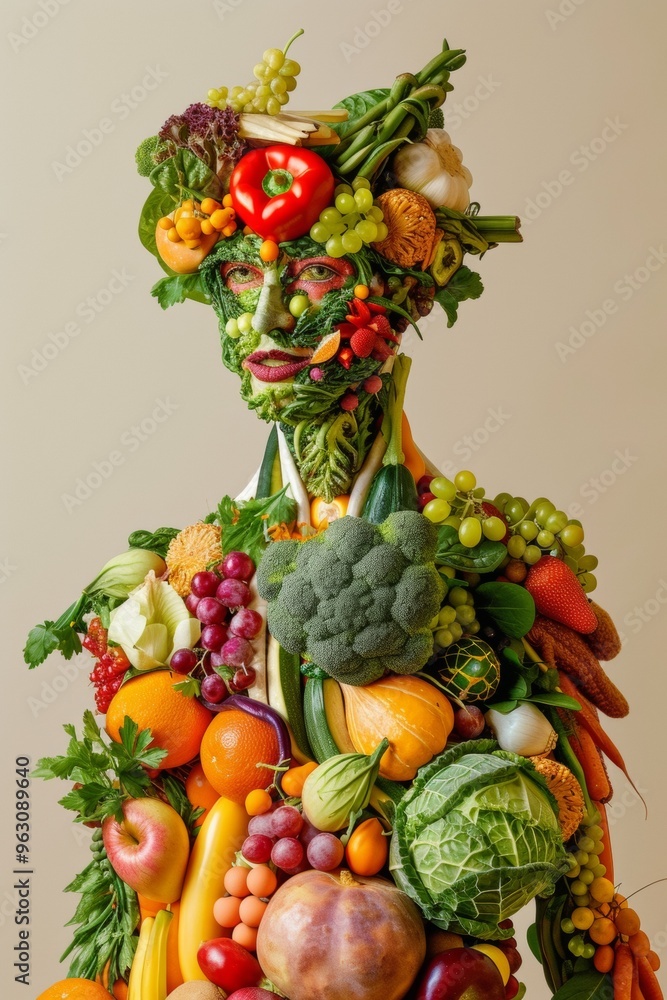 Man made of vegetables and fruits on a clean background. Healthy lifestyle, Generative AI. Man made of vegetables and fruits on a clean background. Healthy lifestyle, Generative AI.
