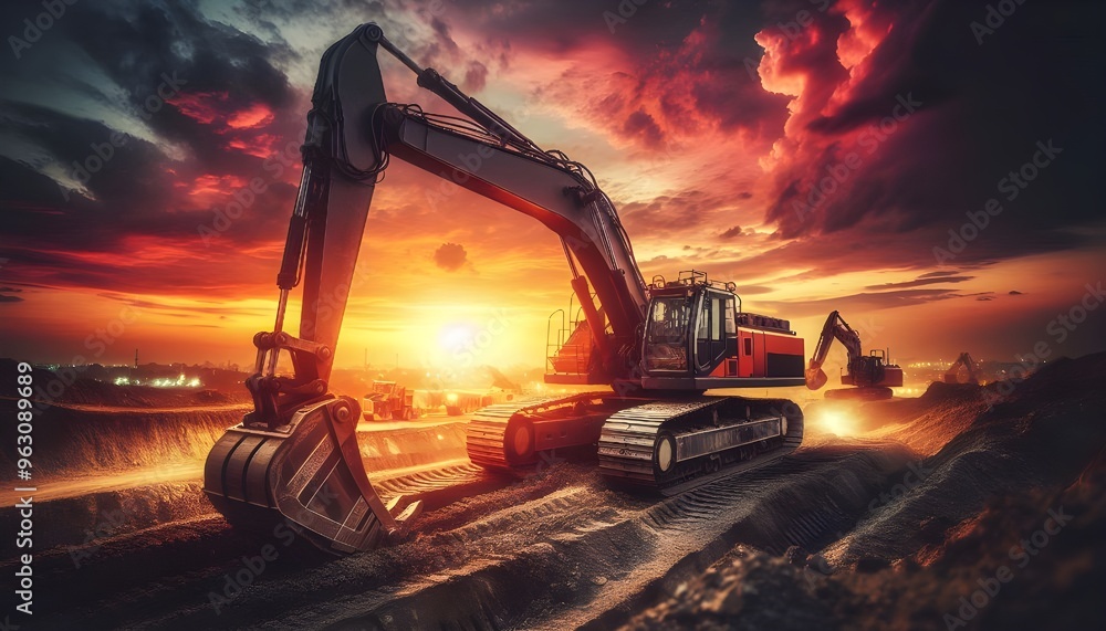 Industrial excavator on construction site against a vibrant sunset ...