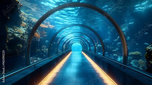 Bright underwater tunnel aquarium, vibrant blue water, diverse marine life, schools of fish, curved glass walkway, illuminated pathway, immersive ocean experience, crystal clear visibility. photo