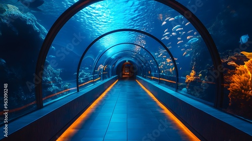 Bright underwater tunnel aquarium, vibrant blue water, diverse marine life, schools of fish, curved glass walkway, illuminated pathway, immersive ocean experience, crystal clear visibility. photo