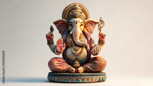 19. "A 3D depiction of the Hindu Ganesh Idol, artistically detailed with vibrant colors and textures, set against a white backdrop.