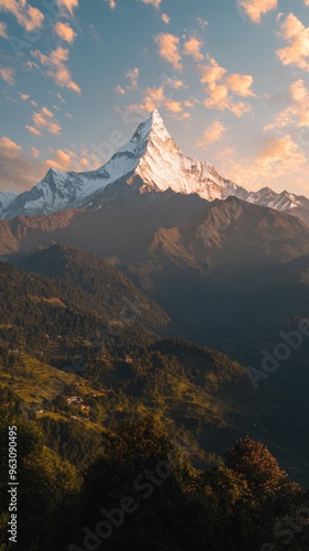 Majestic Himalayan Sunrise: Breathtaking Panorama of Snow-Capped Peaks and Vibrant Sky over Lush Green Hills. AI-Generated 4K Wallpaper for Nature Lovers, Adventure Tourism, and Seasonal Marketing Cam