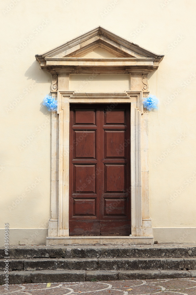 Obraz premium Santa Maria Assunta Church Entrance with Steps in Borbona, Rieti Province, Italy