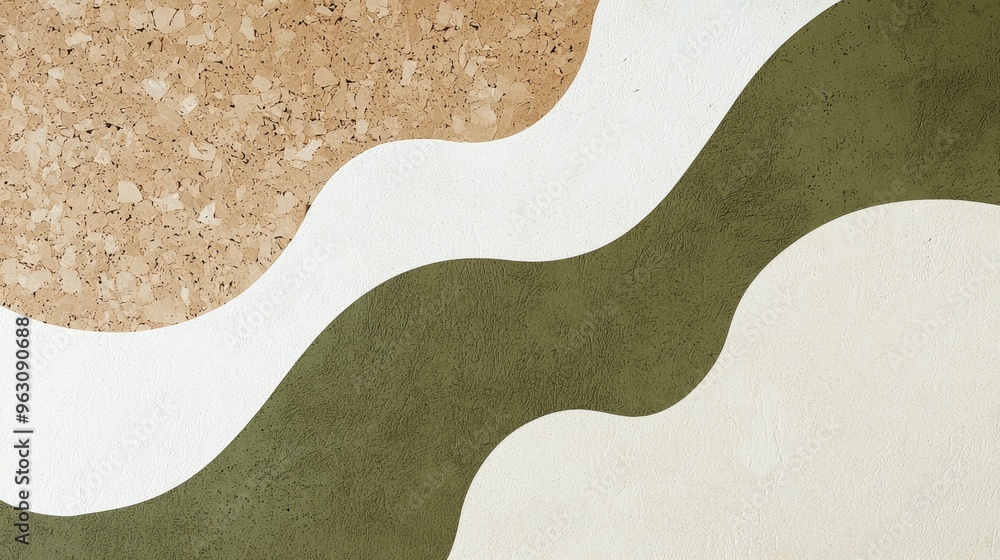 Abstract background featuring a modern and minimalist design of wavy shapes in green. White. And a natural cork texture. The organic forms and earthy tones create a calming and contemporary aesthetic Abstract background featuring a modern and minimalist design of wavy shapes in green. White. And a natural cork texture. The organic forms and earthy tones create a calming and contemporary aesthetic