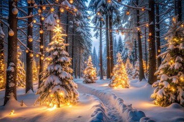 Magical winter wonderland with lit christmas trees in forest path at dusk