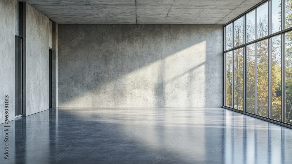 Empty Concrete Room with Large Window and Shiny Floor Empty Concrete Room with Large Window and Shiny Floor
