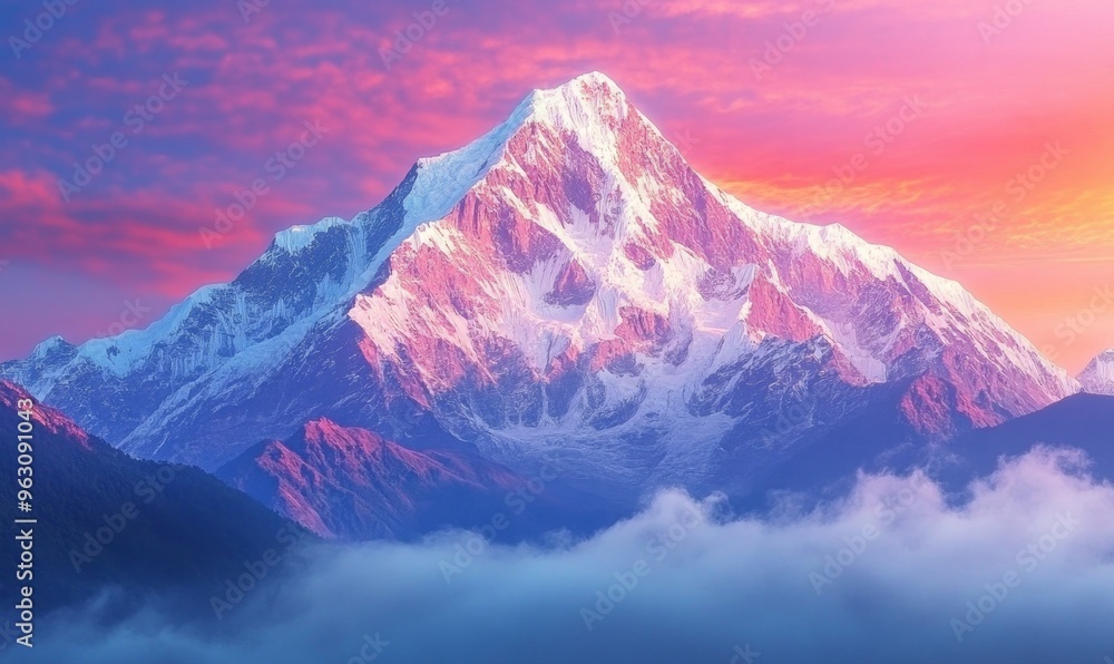Obraz premium Majestic Himalayan Sunrise: Breathtaking Panorama of Snow-Capped Peaks and Vibrant Sky over Lush Green Hills. AI-Generated 4K Wallpaper for Nature Lovers, Adventure Tourism, and Seasonal Marketing Cam
