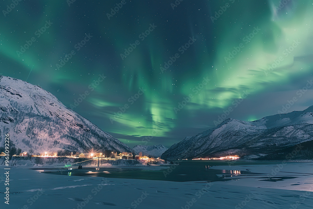 Naklejka premium A person stands on a lake in front of a beautiful aurora,