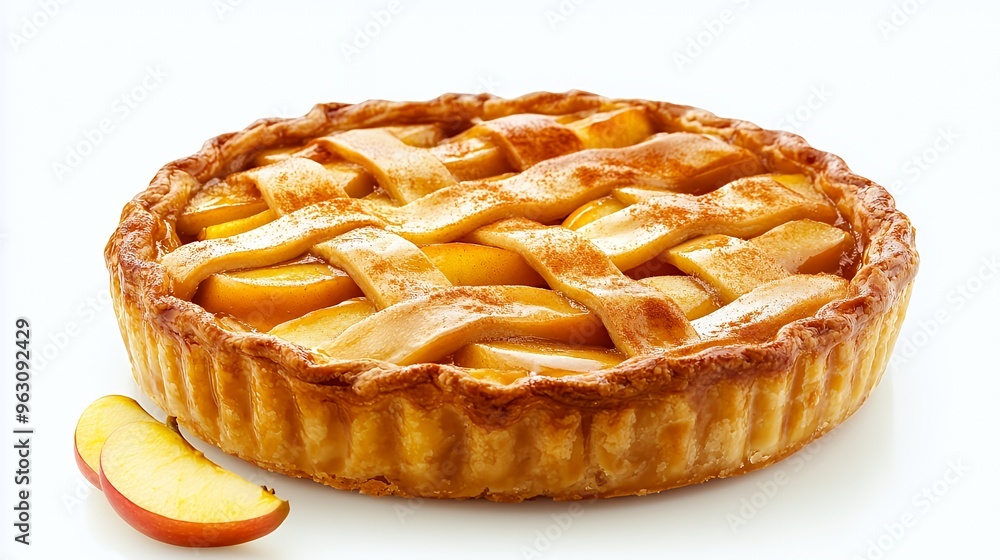 A freshly baked apple pie with a lattice crust and apple slices. A freshly baked apple pie with a lattice crust and apple slices.