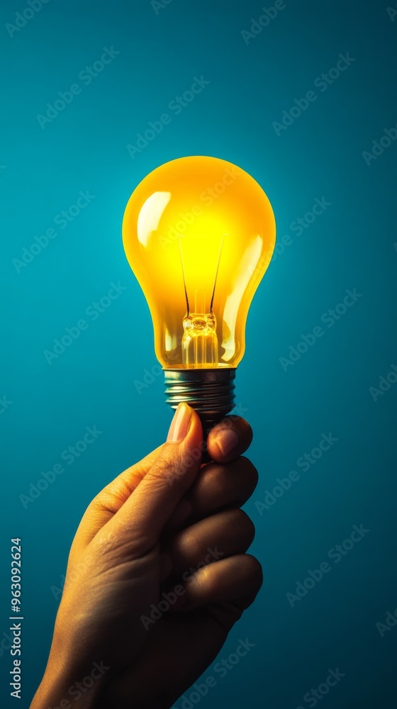 Hand holding a glowing light bulb against Hand holding a glowing light bulb against
