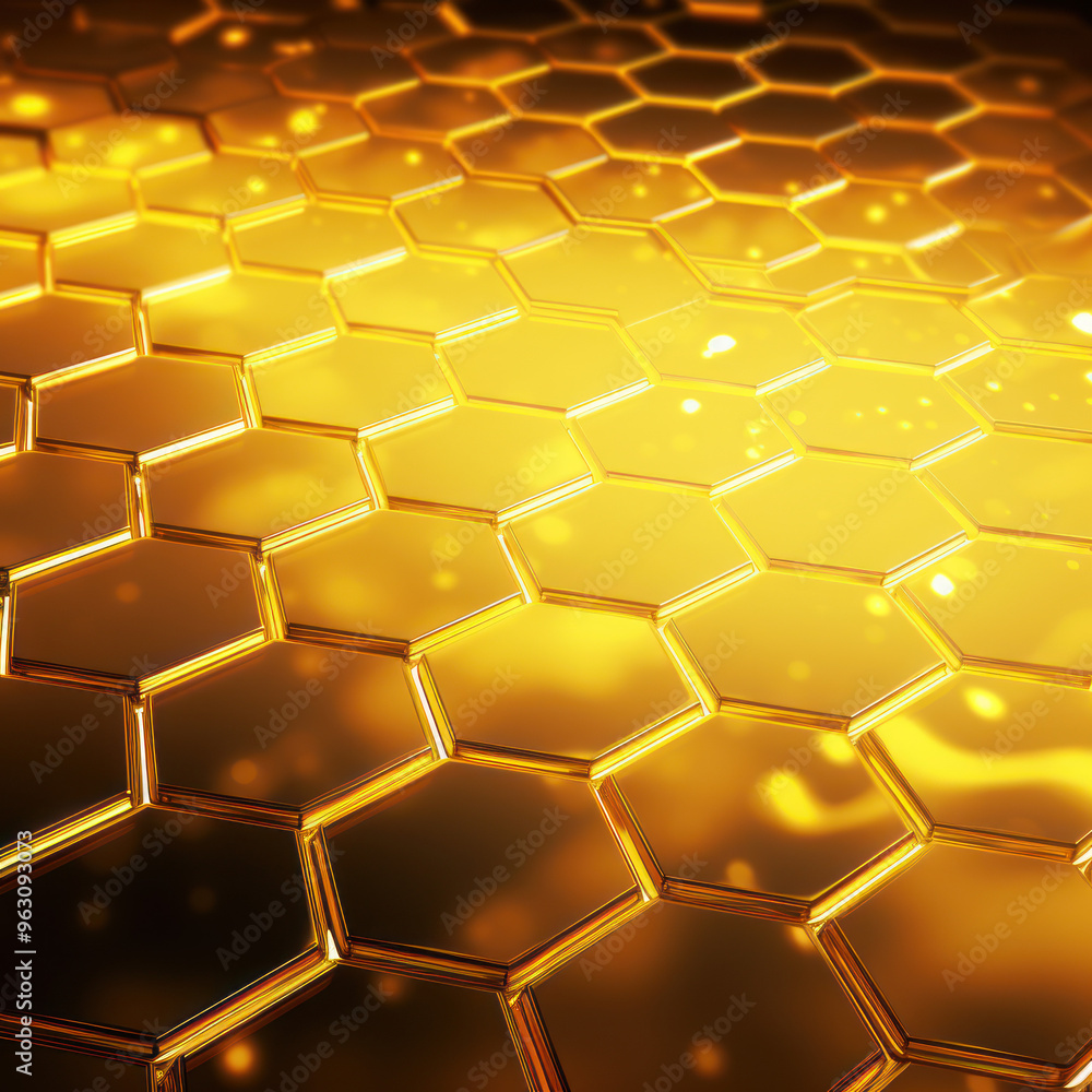 Yellow hexagon background. Close-up a surface made up of hexagonal shapes, honeycomb pattern, metallic. Luminous and glowing. Warm light. Geometric, tessellation. Modern and futuristic design. Yellow hexagon background. Close-up a surface made up of hexagonal shapes, honeycomb pattern, metallic. Luminous and glowing. Warm light. Geometric, tessellation. Modern and futuristic design.