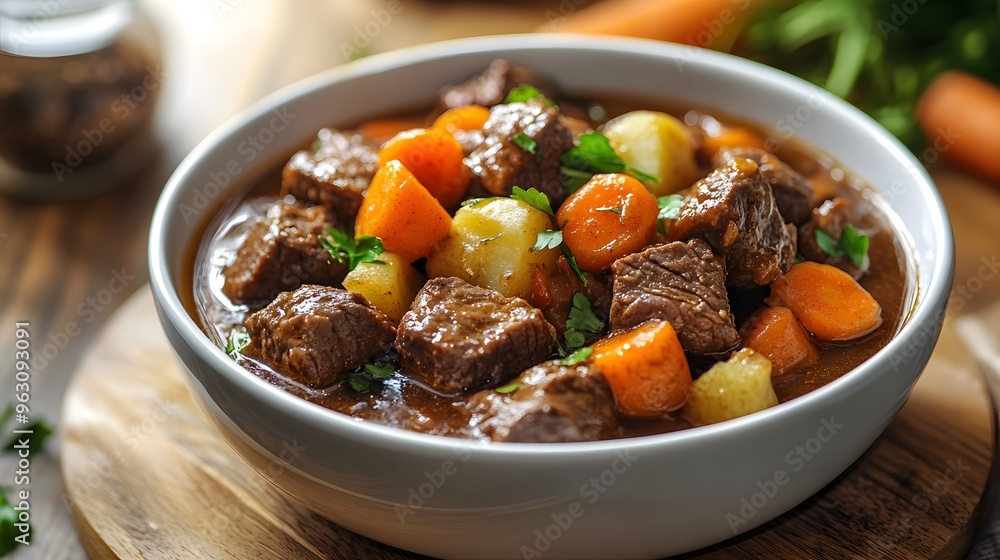 Hearty beef stew, chunky vegetables, rich brown gravy, white ceramic bowl, tender meat cubes, colorful carrots and potatoes, steaming hot, comfort food, rustic presentation. Hearty beef stew, chunky vegetables, rich brown gravy, white ceramic bowl, tender meat cubes, colorful carrots and potatoes, steaming hot, comfort food, rustic presentation.