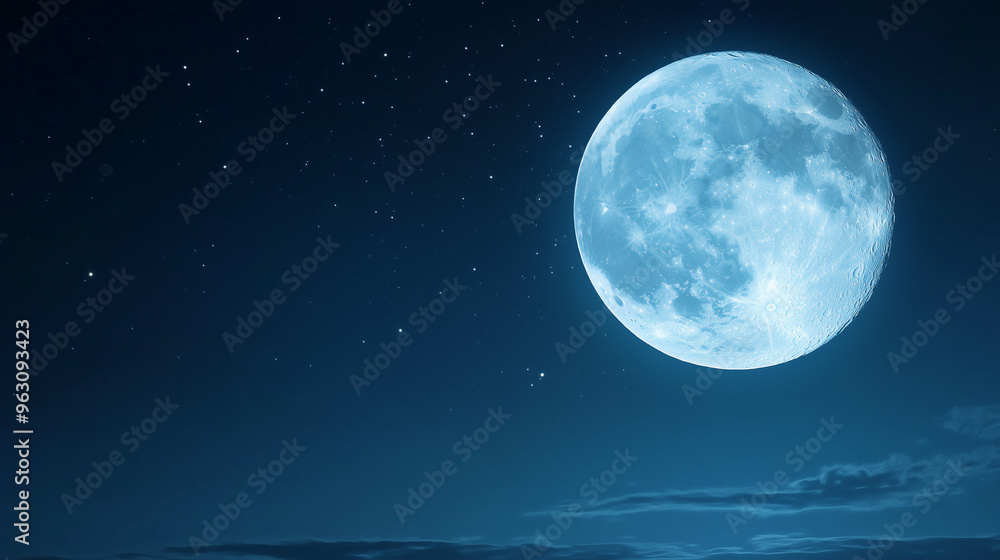 Celestial Serenity: A full, luminous moon bathed in a cool blue light, casting a mesmerizing glow over a tranquil night sky with a smattering of stars. Celestial Serenity: A full, luminous moon bathed in a cool blue light, casting a mesmerizing glow over a tranquil night sky with a smattering of stars.