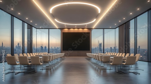Modern conference room  panoramic windows  city view  white ceiling lights  rows of beige chairs  central aisle with floor lighting  large black screen at front  minimalist design  clean lines.