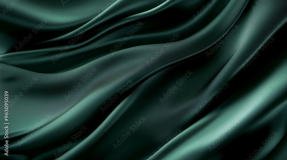 Obraz premium Dark green abstract background, shiny satin silk wave of a textile fabric material ,Backdrop, texture for product, banner, Dark teal green silk satin ,Shiny smooth fabric